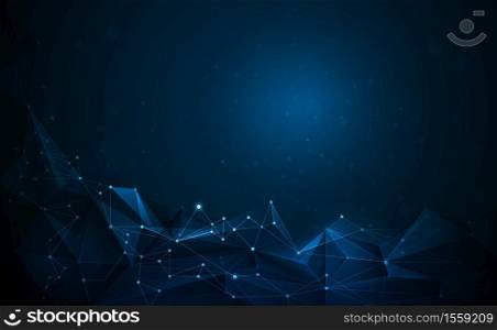 Vector 3D Illustration Geometric, Polygon, Line,Triangle pattern shape with molecule structure. Polygonal with dark blue background. Abstract science, futuristic, network connection concept