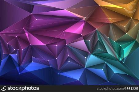 Vector 3D Illustration Geometric, Polygon, Line,Triangle pattern shape with molecule structure. Polygonal with blue purple, yellow background. Abstract science, futuristic, network connection concept