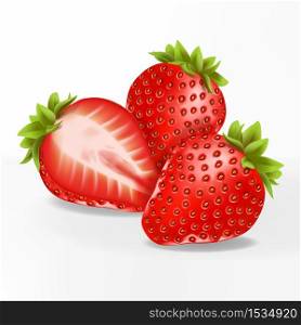 Vector 3D Illustration Realistic Sliced Strawberries Illustration in White Background