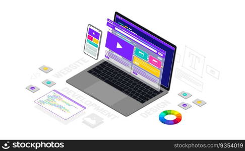 Vector 3d isometric illustration concept of website and app design and development. Creative flat design for web banner, marketing material, business presentation, online advertising.