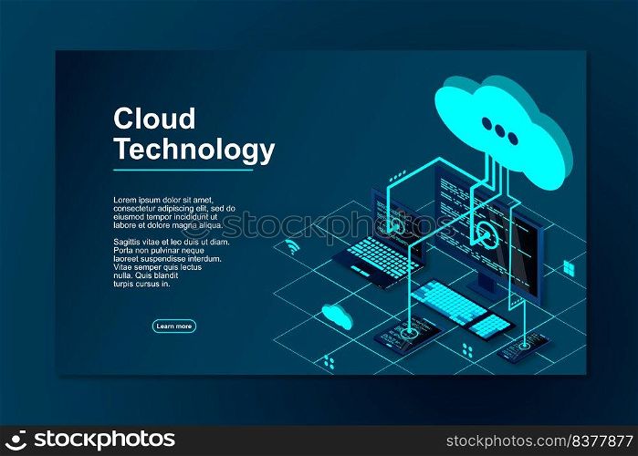 Vector 3d isometric illustration network with computer, laptop, tablet, and smartphone. Cloud storage 3d isometric technology concept. Isometric cloud technology with cloud. Modern cloud technologies.