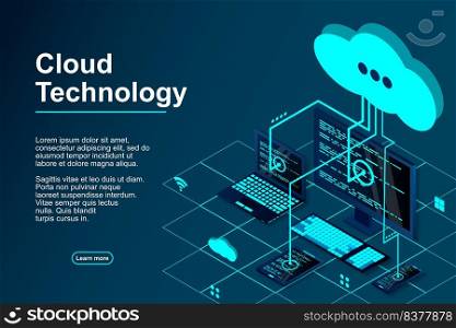 Vector 3d isometric illustration network with computer, laptop, tablet, and smartphone. Cloud storage 3d isometric technology concept. Isometric cloud technology with cloud. Modern cloud technologies.