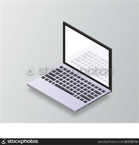 Vector 3d isometric laptop computer. Isometric mock up of laptop. 3d laptop mockup. Computer with blank screen for app. Laptop with open display. Vector illustration