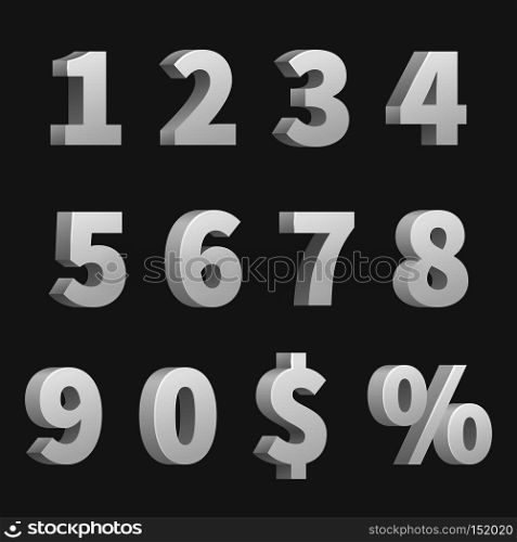 Vector 3D numbers and symbols. Three-dimensional numbers and finance signs, illustration of order numbers figure. Vector 3D numbers and symbols. Three-dimensional