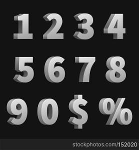 Vector 3D numbers and symbols. Three-dimensional numbers and finance signs, illustration of order numbers figure. Vector 3D numbers and symbols. Three-dimensional