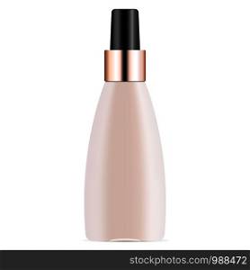 Vector 3d realistic cosmetic oil bottle, rose glass, gold with black cap, plastic or glass. Mock-up for product package branding.. Vector 3d realistic cosmetic oil bottle rose glass