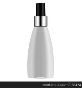 Vector 3d realistic cosmetic oil bottle, white glass, gold with black cap, plastic or glass. Mock-up for product package branding.. Vector realistic cosmetic oil bottle white glass