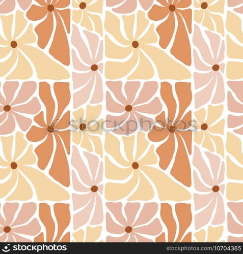 Vector 70s inspired seamless pattern in rectangular shape. Flower Groovy hippie funny boho yellow palette Great for fabric, giftwrap, scrapbooking, packaging, poster, card.. Vector 70s inspired seamless pattern in rectangular shape. Flower Groovy hippie funny boho yellow palette Great for fabric, giftwrap, scrapbooking, packaging, poster, card
