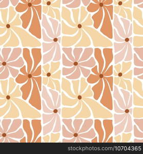 Vector 70s inspired seamless pattern in rectangular shape. Flower Groovy hippie funny boho yellow palette Great for fabric, giftwrap, scrapbooking, packaging, poster, card.. Vector 70s inspired seamless pattern in rectangular shape. Flower Groovy hippie funny boho yellow palette Great for fabric, giftwrap, scrapbooking, packaging, poster, card