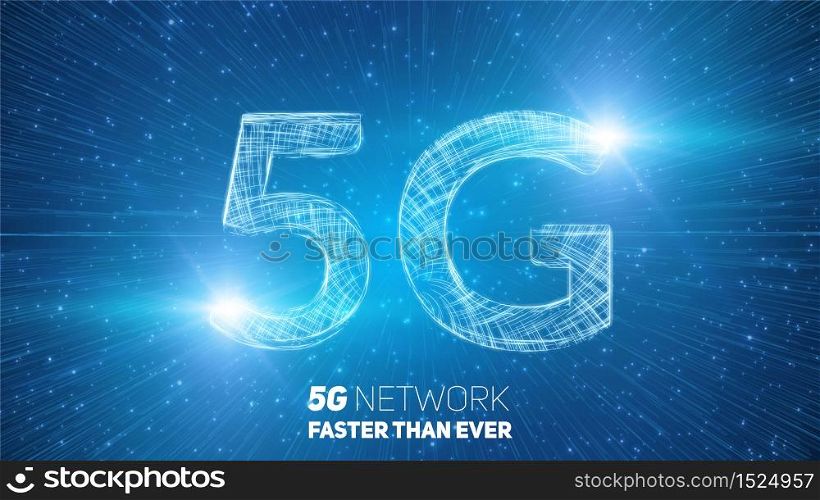Vector abstract 5G new wireless internet connection background. Global network high speed network. 5G symbol construted with glowing lines with a lightspeed burst on background. Vector abstract 5G new wireless internet connection background. Global network high speed network. 5G symbol construted with glowing lines with a lightspeed burst on background.