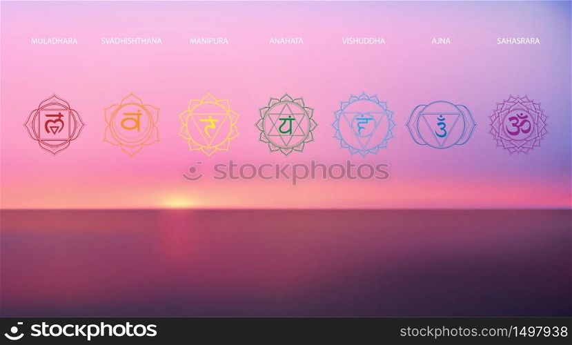 Vector abstract aerial panoramic view of sunrise over ocean with chakras icon set: muladhara, swadhisthana, manipura, anahata, vishuddha, ajna, sahasrara. Illustration of meditation and relaxation.