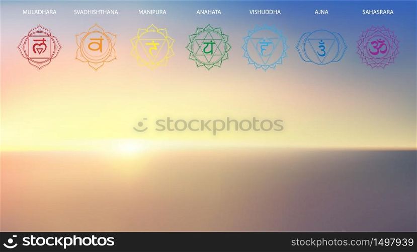 Vector abstract aerial panoramic view of sunrise over ocean with chakras icon set: muladhara, swadhisthana, manipura, anahata, vishuddha, ajna, sahasrara. Illustration of meditation and relaxation.