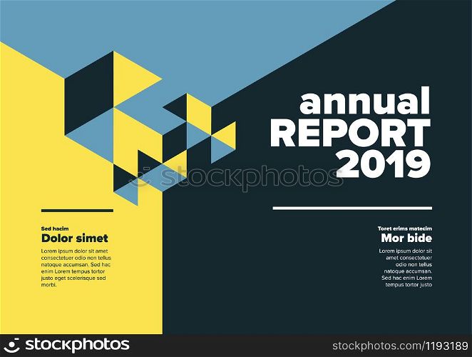 Vector abstract annual report cover template with abstract isometric illustration - blue and yellow horizontal version