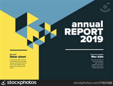 Vector abstract annual report cover template with abstract isometric illustration - blue and yellow horizontal version