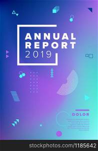 Vector abstract annual report cover template with sample text and abstract geometry shapes on pink blue background