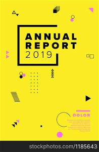 Vector abstract annual report cover template with sample text and abstract geometry shapes on yellow background . Vector annual report cover template
