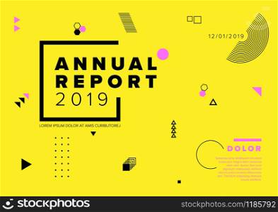 Vector abstract annual report cover template with sample text and abstract geometry shapes on yellow background . Vector annual report cover template