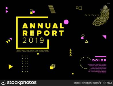 Vector abstract annual report cover template with sample text and abstract geometry shapes on dark background