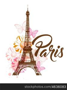 Vector abstract background with Eiffel tower, flowers and butterflies.