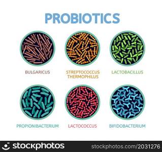 vector abstract bacteriology icons isolated on white background. bulgaricus, streptococcus thermophilus, lactobacillus, propionibacterium, lactococcus and bifidobacterium symbols, medical background