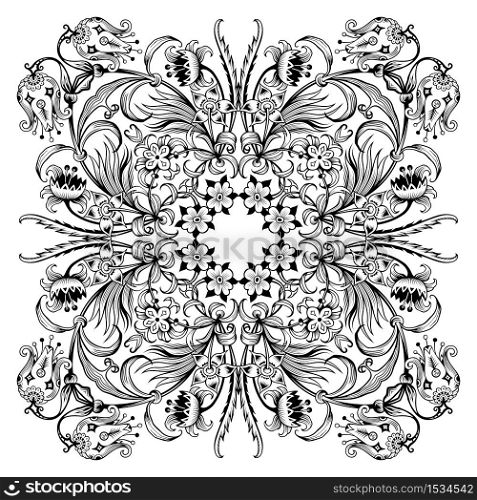 Vector abstract black color decorative floral ethnic ornamental illustration.. Vector floral ethnic ornamental illustration.