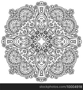 Vector abstract black color decorative floral ethnic round ornamental illustration.. Vector abstract floral ethnic ornamental illustration