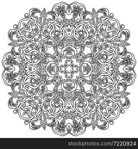 Vector abstract black color decorative floral ethnic round ornamental illustration.. Vector abstract black floral ethnic round ornamental illustration.