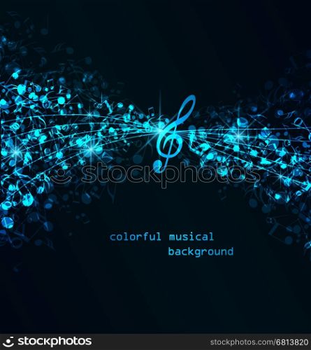 Vector abstract blue notes on a dark background, colorful musical background