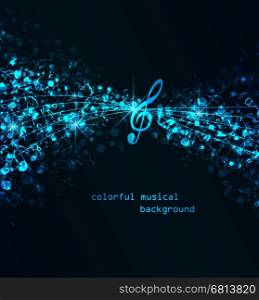 Vector abstract blue notes on a dark background, colorful musical background