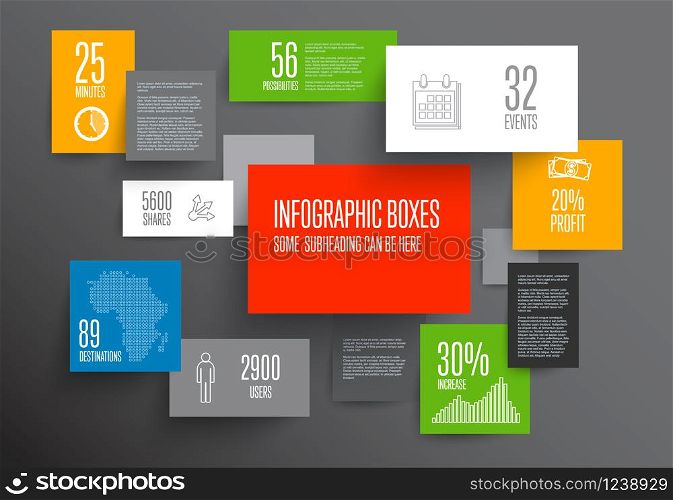 Vector abstract boxes infographic template with place for your content on dark background. Vector abstract boxes infographic template