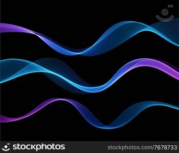 Vector abstract colorful flowing wave lines isolated on black background. Transparent design element for technology, science, music or modern concept.. Vector abstract colorful flowing wave lines isolated on black background. Design element for technology, science, music or modern concept.