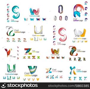 Vector abstract company logo mega collection, typography letters and other elements, waves, lines. Various universal icon set for any idea
