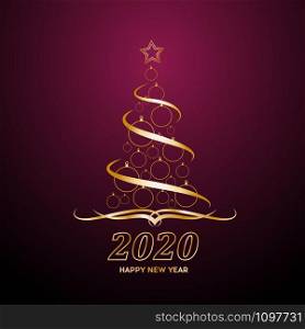Vector Abstract cover Golden Christmas Tree, with text 2020 Happy New Year on purple background