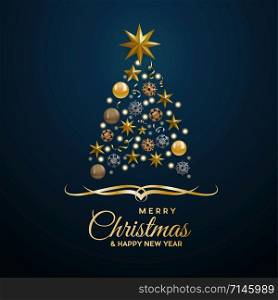 Vector Abstract cover Golden Christmas Tree, with text on blue background