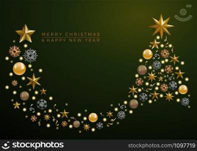 Vector Abstract cover Golden Christmas Tree, with text on green background