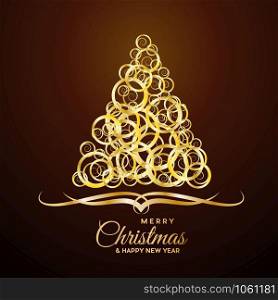 Vector Abstract cover Golden Christmas Tree, with text on orange background