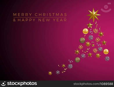 Vector Abstract cover Golden Christmas Tree, with text on purple background