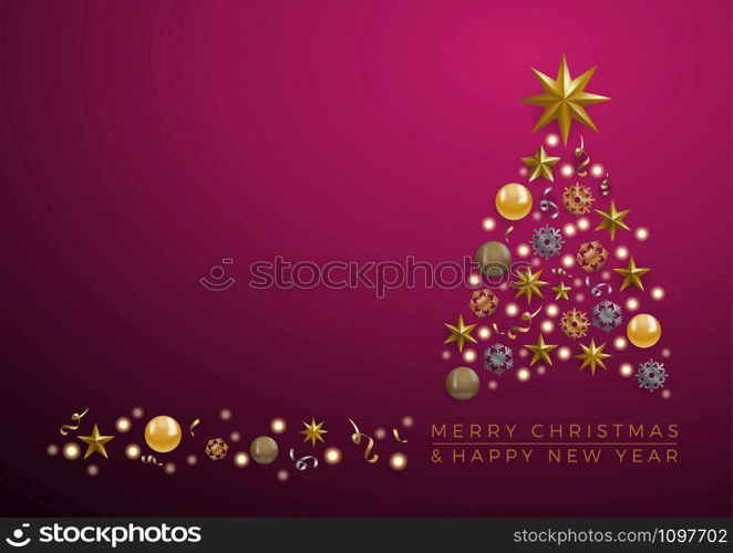 Vector Abstract cover Golden Christmas Tree, with text on purple background