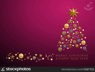 Vector Abstract cover Golden Christmas Tree, with text on purple background