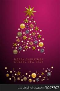 Vector Abstract cover Golden Christmas Tree, with text on purple background