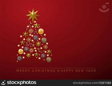 Vector Abstract cover Golden Christmas Tree, with text on red background