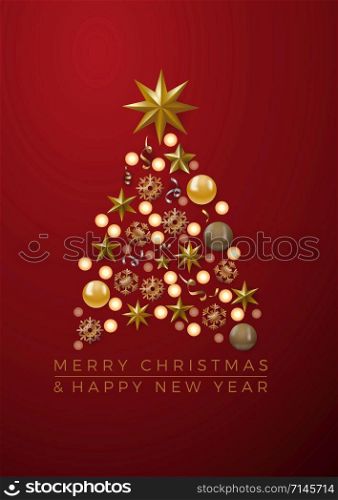 Vector Abstract cover Golden Christmas Tree, with text on red background