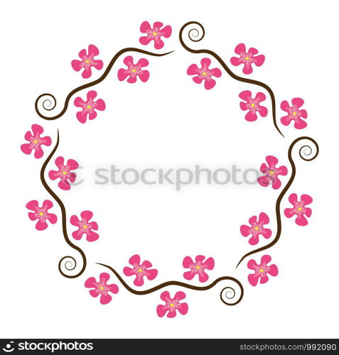 vector abstract decoration pattern of cherry branches with blossom isolated on white background, spring sakura flowers, wavy branches with a curve