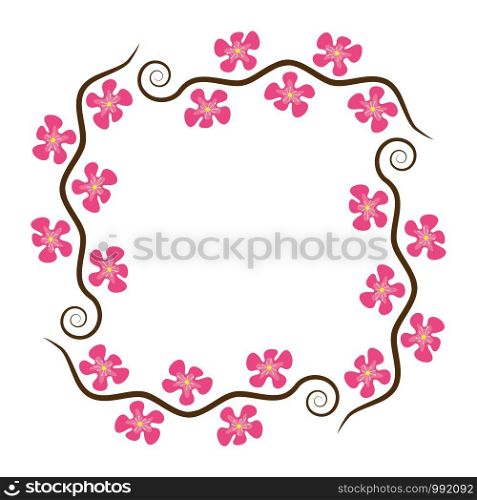 vector abstract decoration pattern of cherry branches with blossom isolated on white background, spring sakura flowers, wavy branches with a curve
