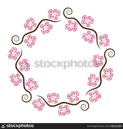 vector abstract decoration pattern of cherry branches with blossom isolated on white background, spring sakura flowers, wavy branches with a curve