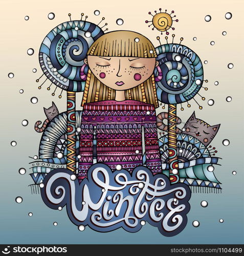 Vector abstract decorative cartoon winter girl sketch. Vector decorative cartoon winter girl postcard