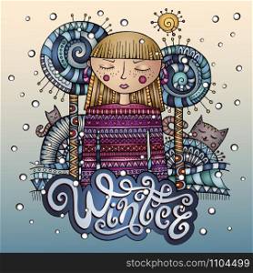 Vector abstract decorative cartoon winter girl sketch. Vector decorative cartoon winter girl postcard