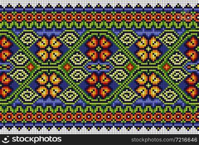 Vector abstract decorative pixel art illustration. Mosaic background. Embroidery scheme border. Vector abstract decorative pixel art illustration.