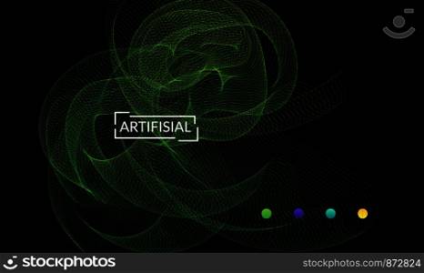 Vector abstract dynamic gradient waves, curvy line on black backgrounds. Modern web template or landing page with fluid blended curves and bright dots.