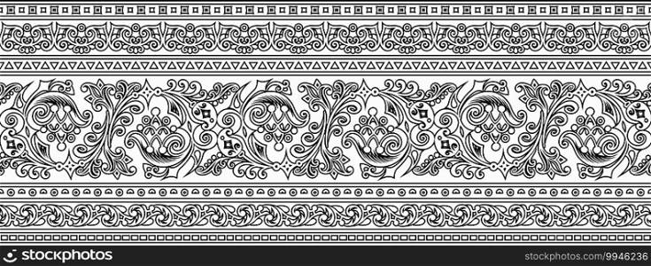 Vector abstract ethnic nature hand drawn ornamental background. Black and white seamless pattern. Vector ethnic hand drawn ornamental background